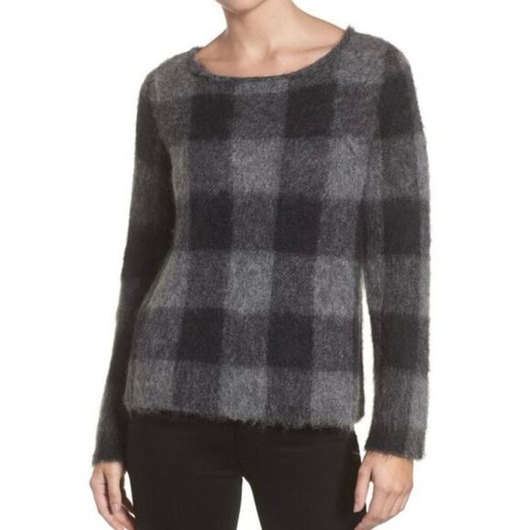 Eileen Fisher Mohair Alpaca Blend Check Plaid Sweater Black Gray Size Medium - Picture 1 of 10